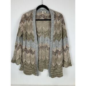 Meadow Rue Open Knit Chevron Gray Tan Cotton Wool Cardigan‎ XS Mohair Alpaca